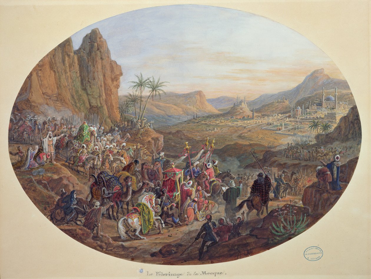 Üretim de Sevres, c.1839-40 (kağıt üzerine guaj) için 'Mekke'ye Hac Yolculuğu'nu tasvir eden bir tabak seti tasarımı by Jean Charles Develly