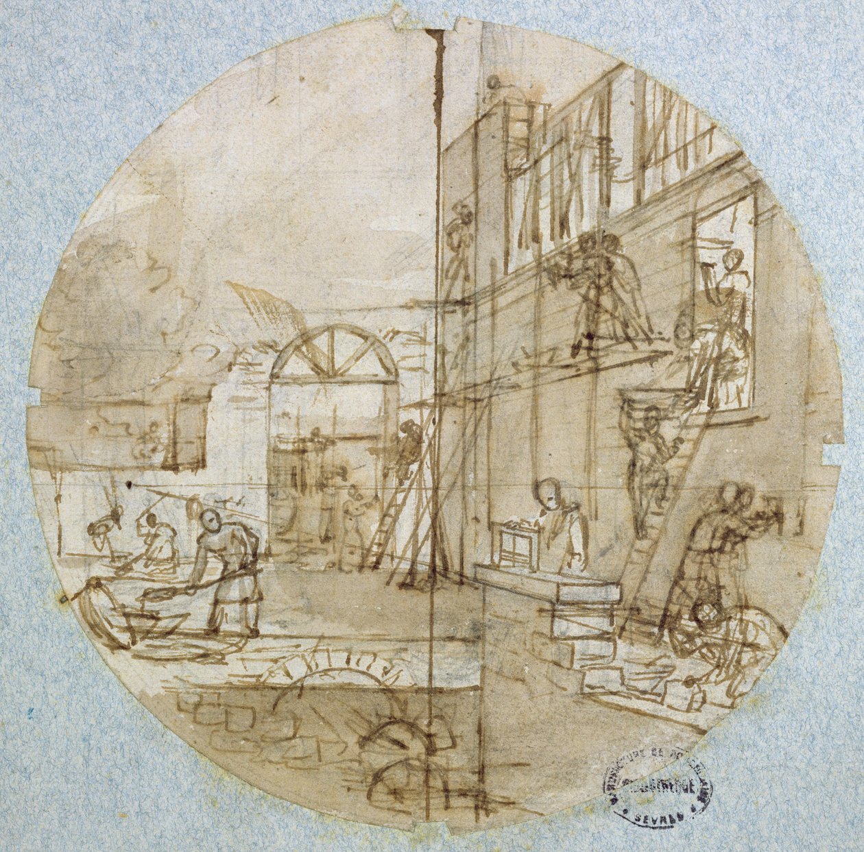 Mason's Workshop, farklı zanaatları tasvir eden bir hizmet için tabak tasarımı, c.1820-35 (kağıt üzerine kalem ve mürekkep ve yıkama ve guaj) by Jean Charles Develly