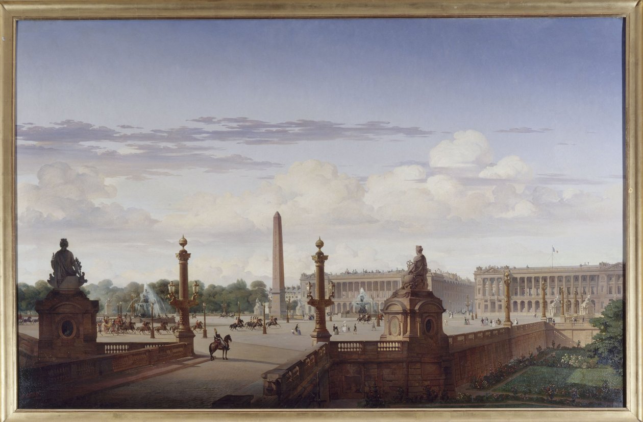 Place de la Concorde, su kenarındaki terastan görünüm; Kral Louis-Philippe bir at arabasıyla meydandan geçiyor, 1846 (tuval üzerine yağlıboya) by Jean Charles Geslin