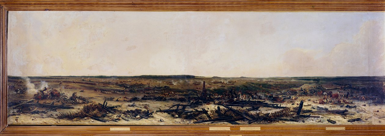 Rusya Seferi: “” 7/09/1812 Moskova Savaşı Panoraması””. Moskova Savaşı (ayrıca Borodino Savaşı) Fransız Napolyon I Bonaparte (1769-1821) ile Mikhail Golenichchev Kutuzov (Golenishchev) liderliğindeki Rus imparatorluk ordusu arasında by Jean Charles Langlois