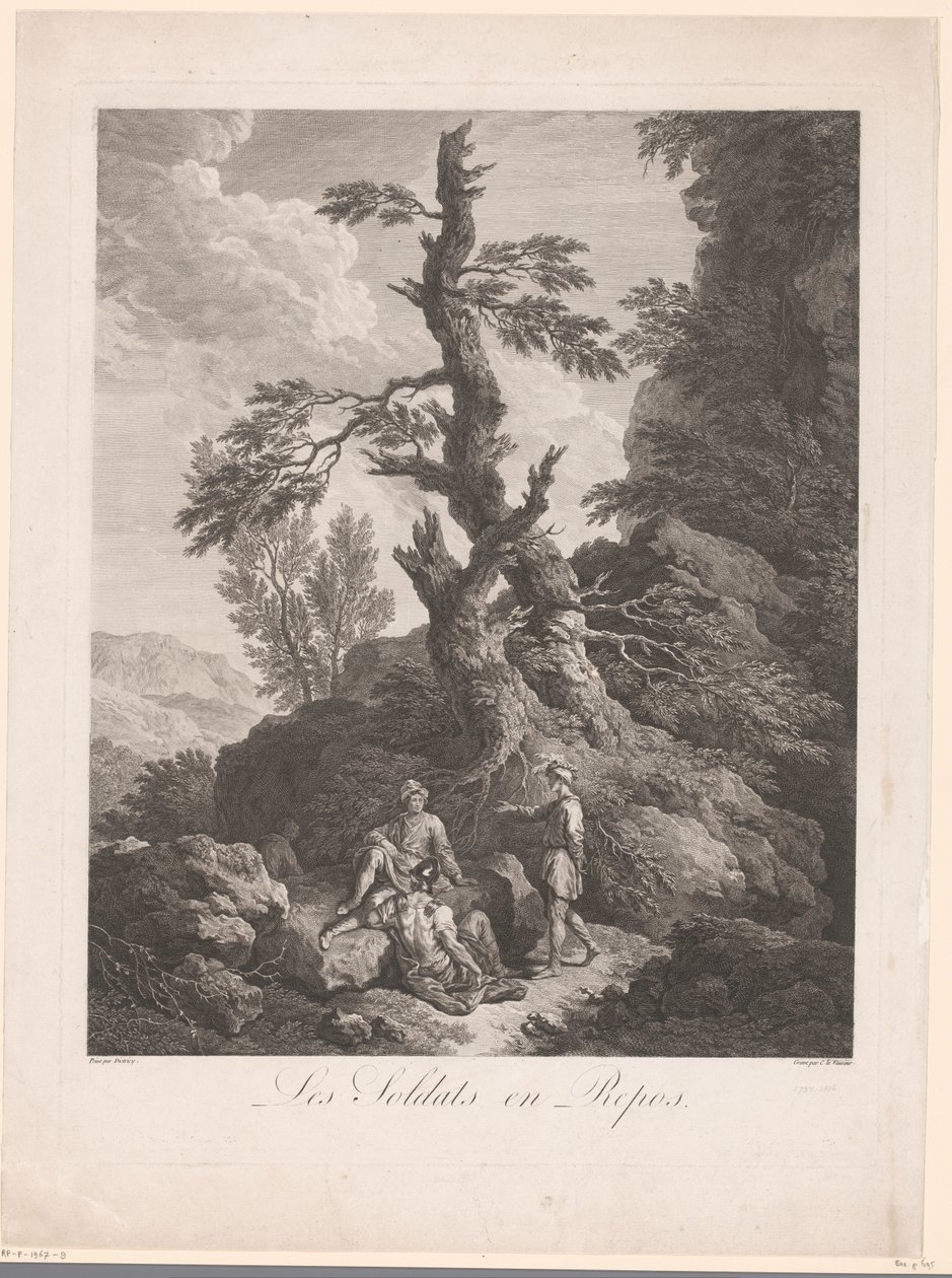 Kayalık bir arazide bir ağacın önünde dinlenen askerler Les soldats en repos (nesne üzerindeki başlık) by Jean Charles Levasseur