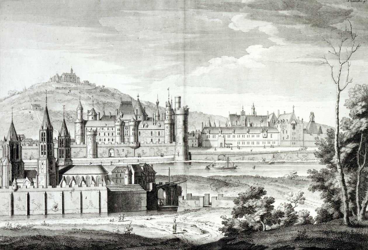 Antoine Herisset (1685-1769) tarafından oyulmuş 1410 yılında Saint-Germain-des-Pres, Louvre, Petit Bourbon, Montmartre ve Seine Manastırı