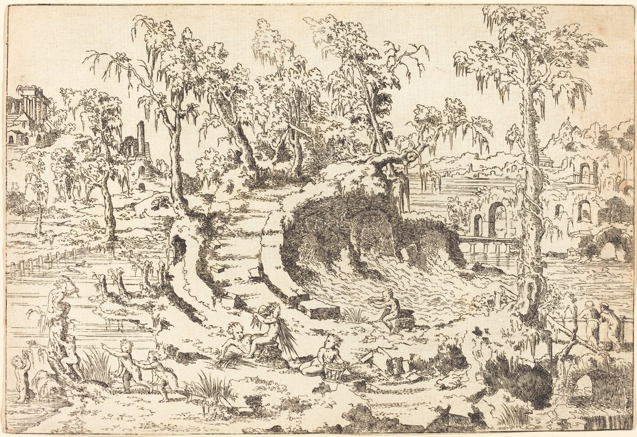 Putti Hayali Bir Manzarada Oynarken by Jean Cousin the Younger