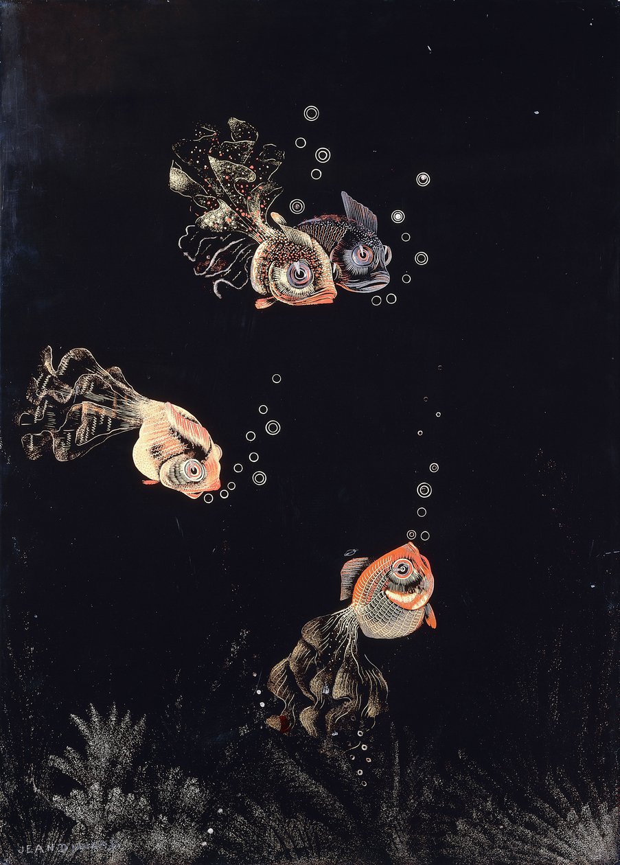 Jean Dunand imzalı, kırmızı ve altın balıkların hava kabarcıkları üflediği bir sualtı sahnesini betimleyen lake panel by Jean Dunand