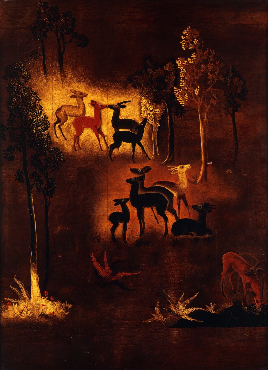 Ormanlık bir manzarada geyiklerle süslenmiş bir panel by Jean Dunand