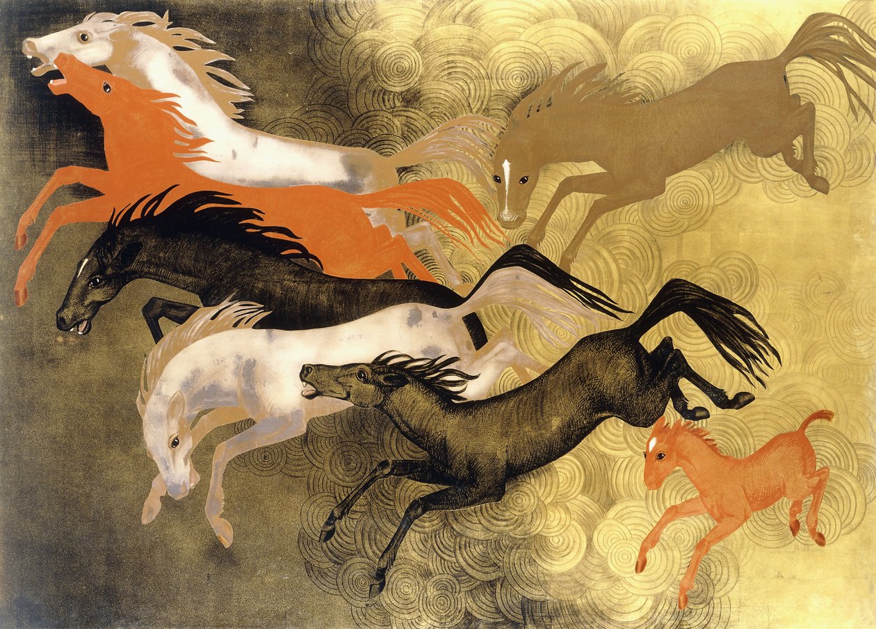 Şahlanan Atlar, 1950 dolayları (vernikli ahşap) by Jean Dunand