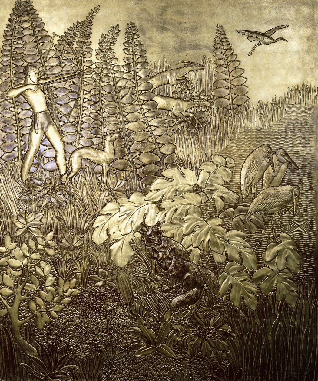 Av; La Chasse, c. 1934 (yaldızlı ve cilalı ahşap) by Jean Dunand