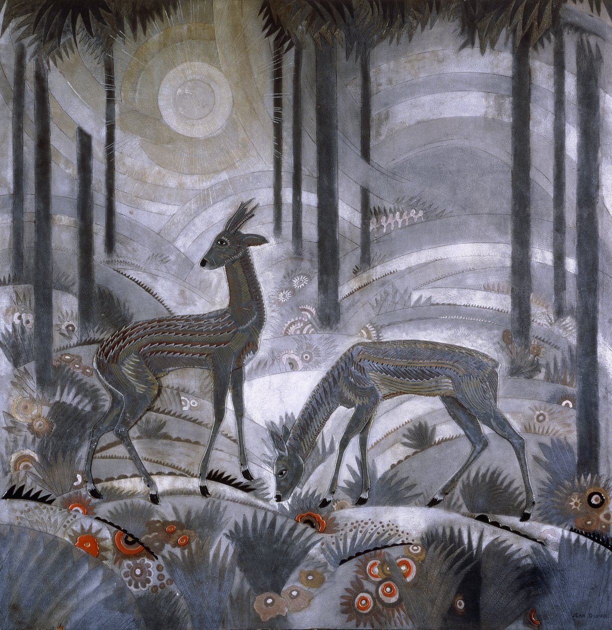 Bir Ormanda İki Geyik, c.1929 (vernikli ahşap panel) by Jean Dunand