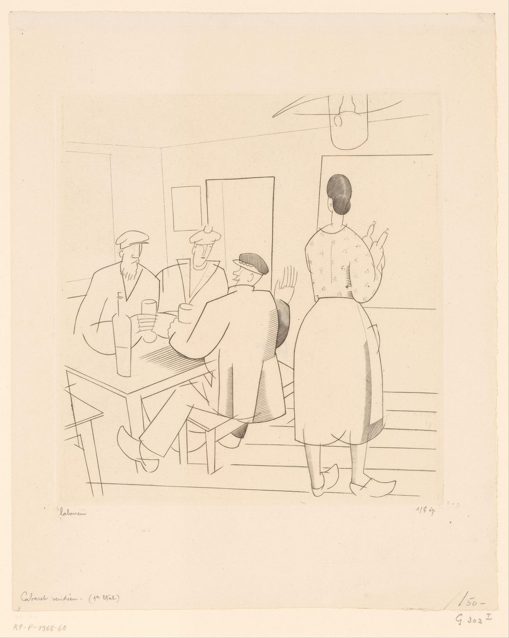 Müşteriler ve garson ile Cafe iç Kabare satıcısı (nesne üzerindeki başlık) by Jean Emile Laboureur (signed by artist)