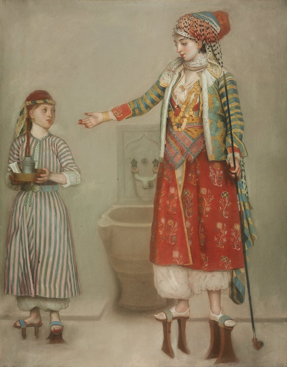 18. yüzyılın ortalarında hamamda hizmetçisiyle birlikte Türk kostümlü bir hanımefendi. by Jean Étienne Liotard