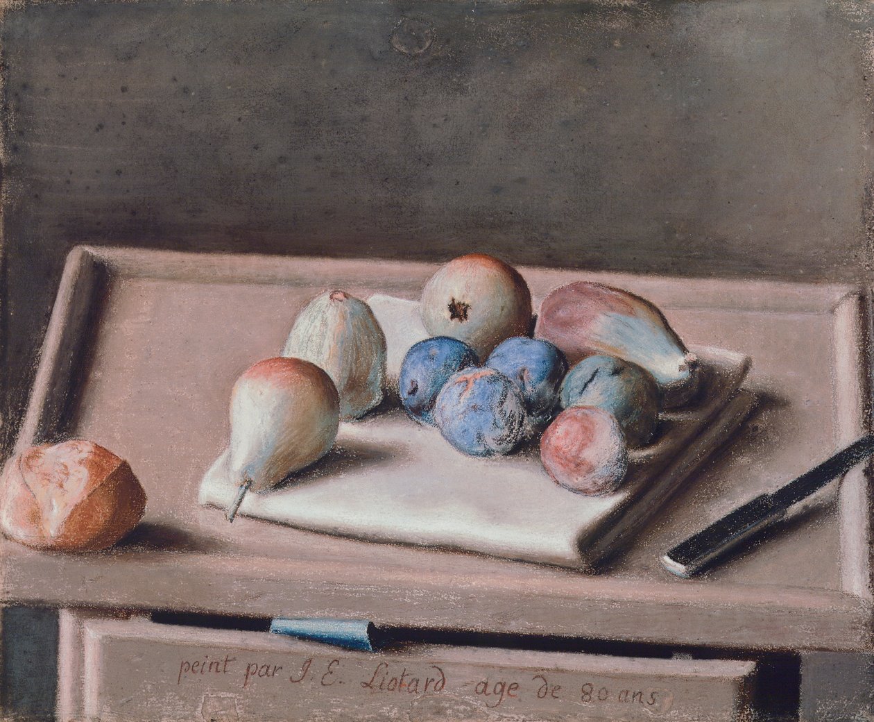 Armut, incir, kuru erik, rulo ekmek ve masada bıçak ile natürmort by Jean Étienne Liotard