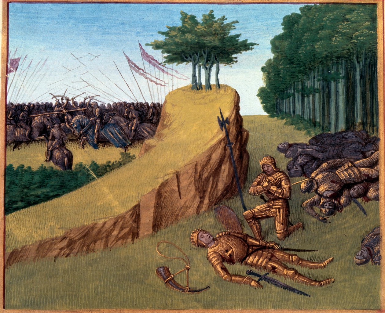 Battle of Roncesvalaux (778). Roland died in Roncevaux. Miniature in “” Grandes Chronicles de France”” (Folio 113) by Jean Fouquet (141.-147.) BN, Paris. by Jean Fouquet