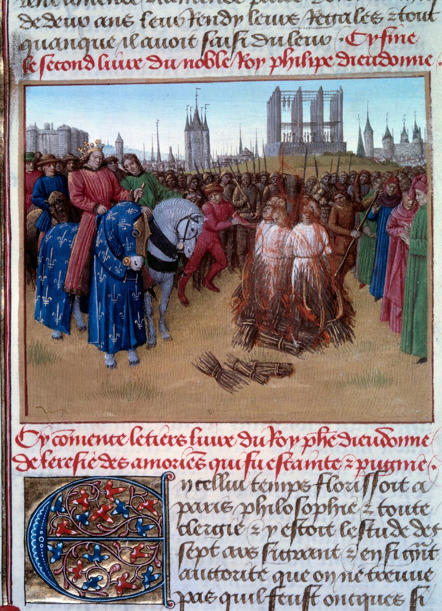 Condemnation and torture of the amauricians (supporters of Amaury de Chartres, French philosopher and theologian of the 12th century) in the presence of Philip II known as Philip Auguste (1165-1223). Manuscript “” Grandes Chronicles de France “” (Folio 236 by Jean Fouquet