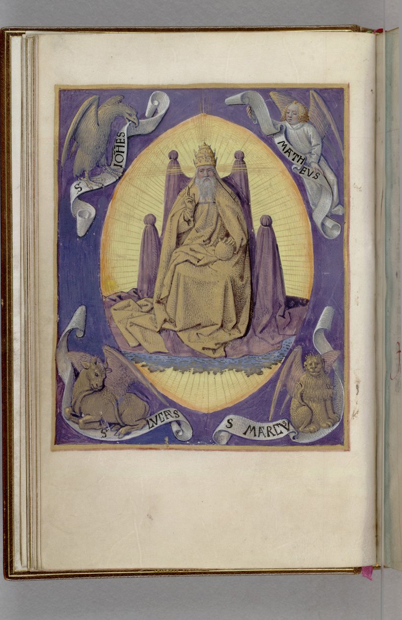 Köşelerde dört Evanjelistin sembolleri olan Baba Tanrı. Saatler Kitabı, 1450-1499 by Jean Fouquet