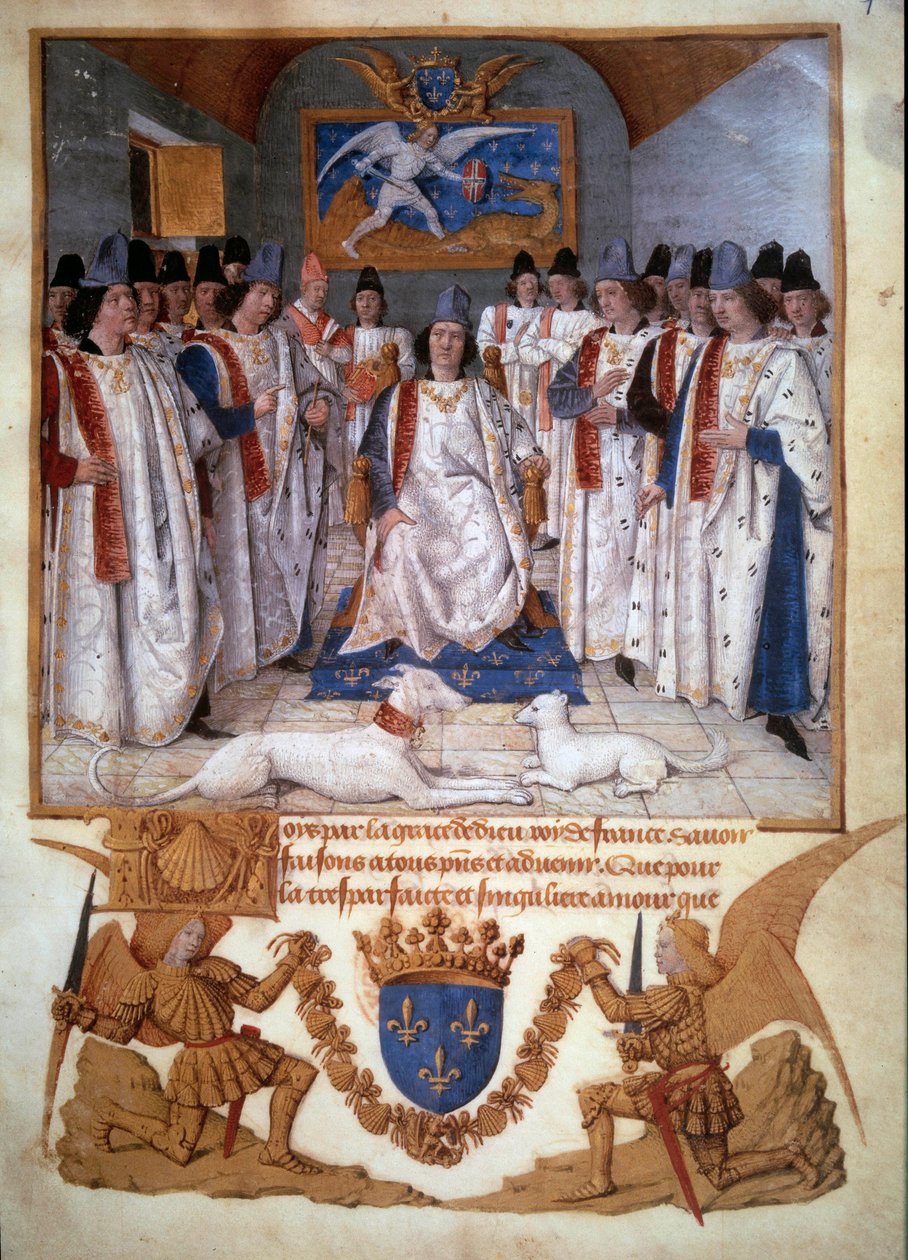 Jean Fouquet (1420-1481) 1470 Paris, BN tarafından “Saint-Michel Tarikatı Tüzükleri”nden Louis XI (1423-1483) Minyatür'ün Saint Michel Nişanı'nın bir bölümünün düzenlenmesi by Jean Fouquet