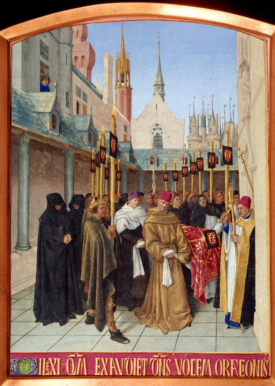 Iyimikwa rya Philippe Auguste i Reims ku ya 1/11/1179. Miniature yo mu mateka ya Saint Denis ”” yanditswe na Jean Fouquet (1420-1481) ikinyejana cya 15. Paris, B.N. by Jean Fouquet