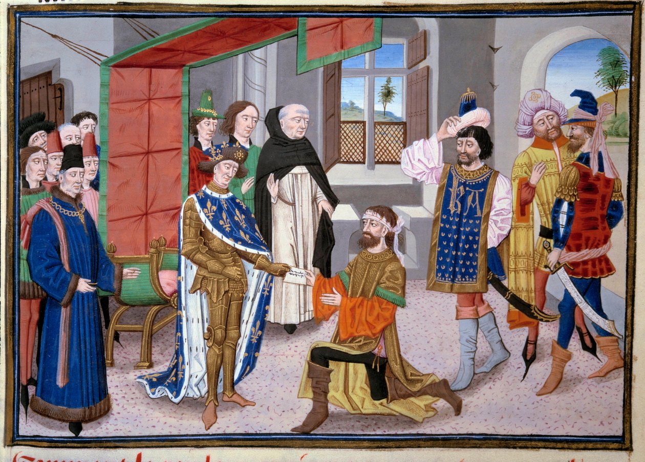 Seventh Crusade: King of France Saint Louis (or Louis IX) (1214-1270) in Nicosia in Cyprus around 1245. Miniature from the “Great Chronicles” by Jean Fouquet (1420-1481). Paris, Library of the Arsenal by Jean Fouquet