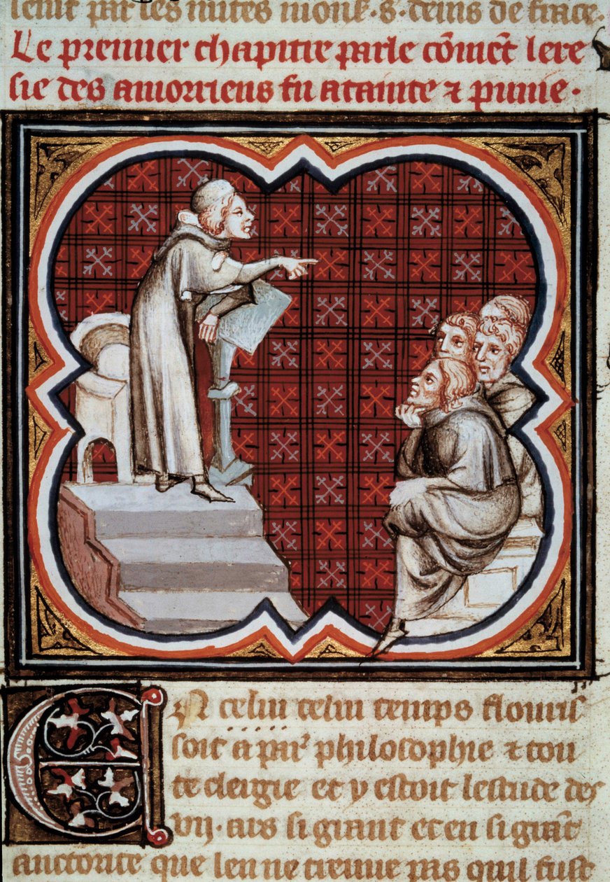 Fransız filozof ve ilahiyatçı Amaury de Chartres (veya Amaury de Bene veya Amalricus de Bene) (1209 öldü) öğrencilerinin (Amauricianlar) önünde. Jean Fouquet (1420-1481) tarafından aydınlatılan Les Grandes Chronicles de France”” minyatüründen by Jean Fouquet