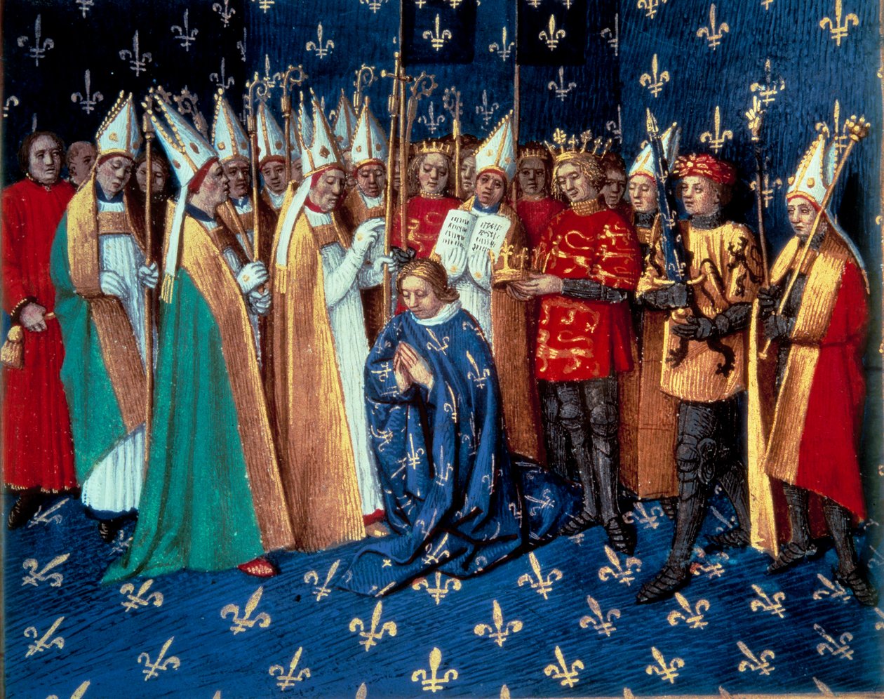 The coronation of Philippe Auguste in Reims on 1/11/1179. Miniature from Chronicles of Saint Denis”” by Jean Fouquet (1420-1481) 15th century. Paris, B.N. by Jean Fouquet