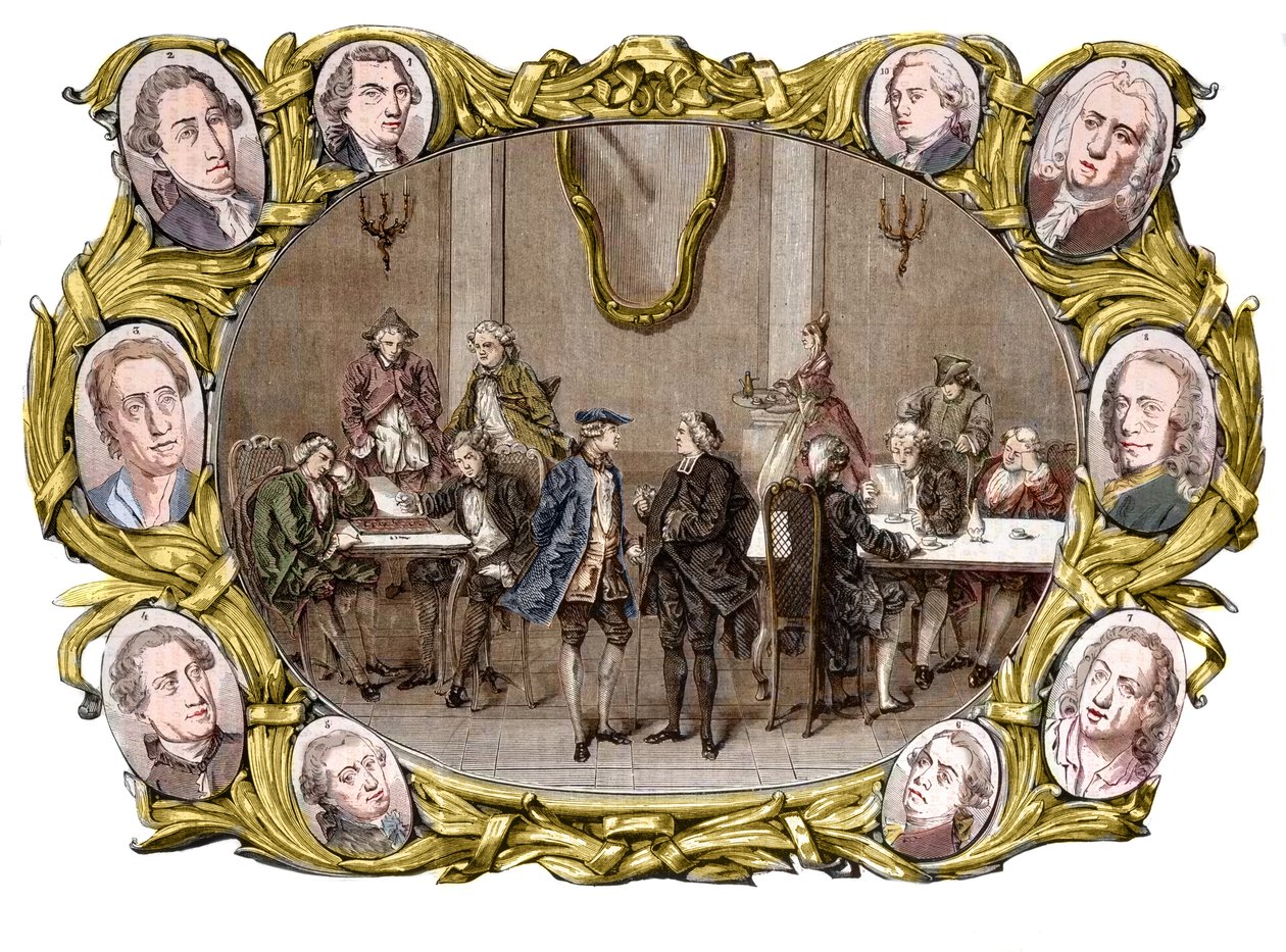 Paris - 18. yüzyılda sağdan sola “Procope” kafesi, madalyonlarda, Georges Louis Leclerc, Comte de Buffon, Nicolas Joseph Florent Gilbert, Denis Diderot, Jean le Rond d