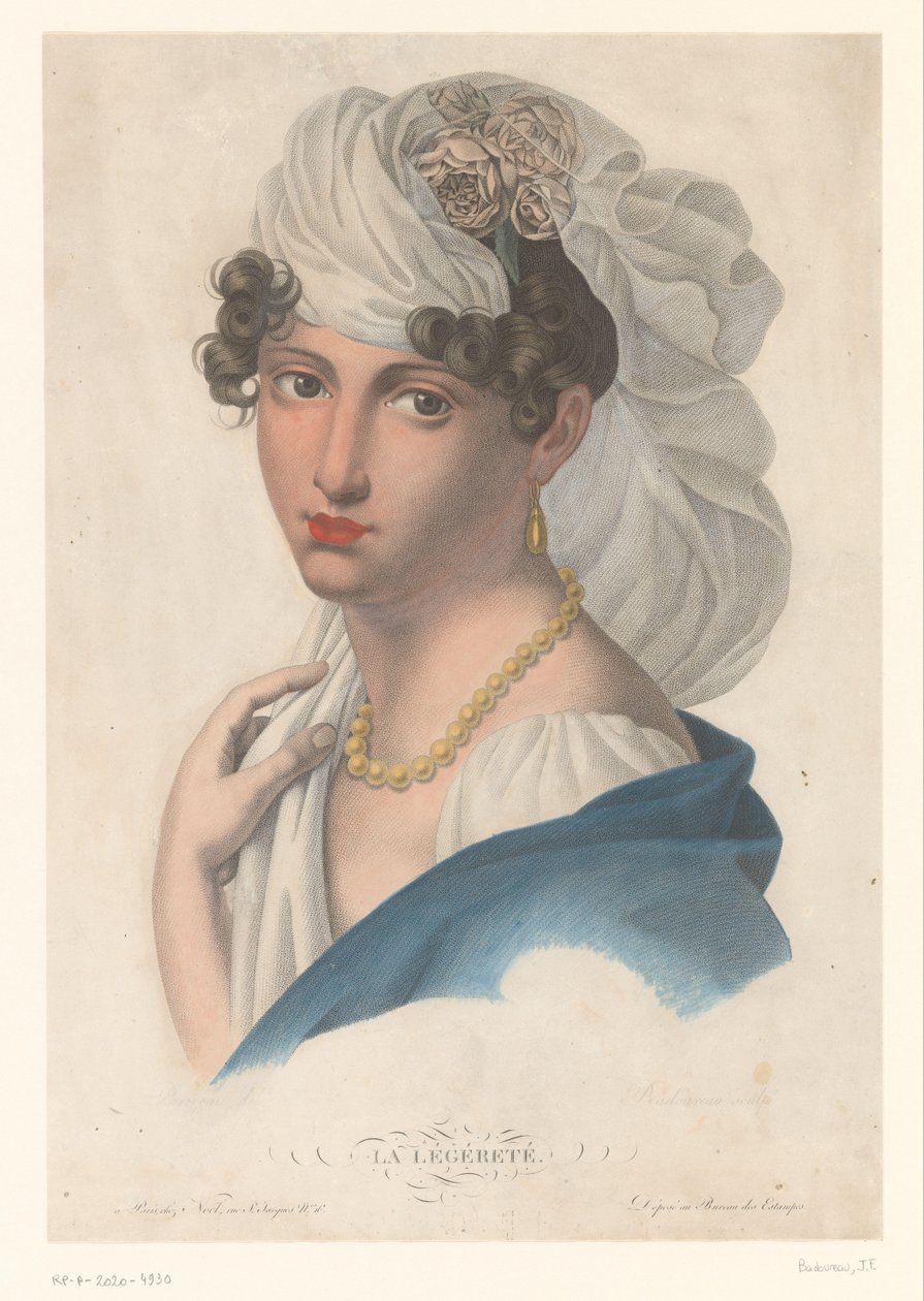 Altın küpeli, kolyeli ve beyaz duvaklı kadın La Légéreté (nesne üzerindeki başlık) by Jean Francois Badoureau
