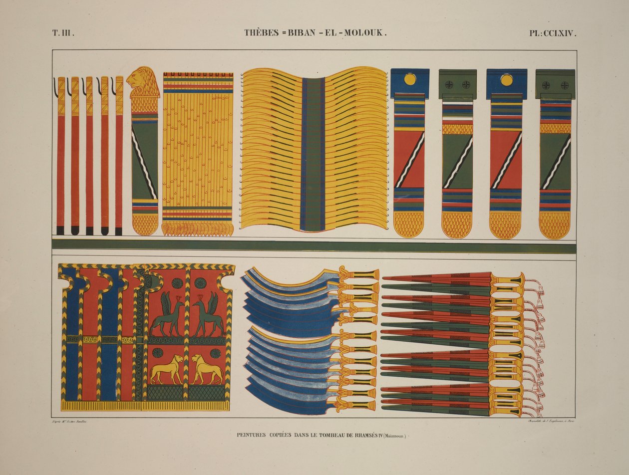 Çeşitli Mısır silahları ve silahları, Thebes, Biban-el-Molouk, "Monuments de L"Egypte et de la Nubie, 1845