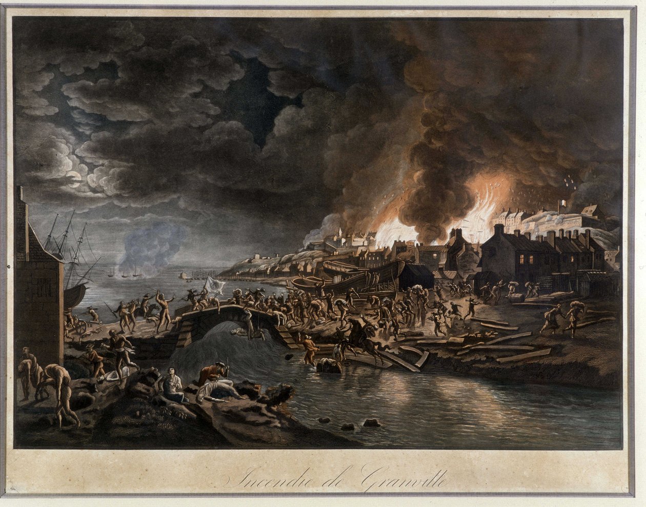 Granville, Vendéans tarafından kuşatılmış alevler içinde, J. François Hue, c. 1800. by Jean Francois Hue