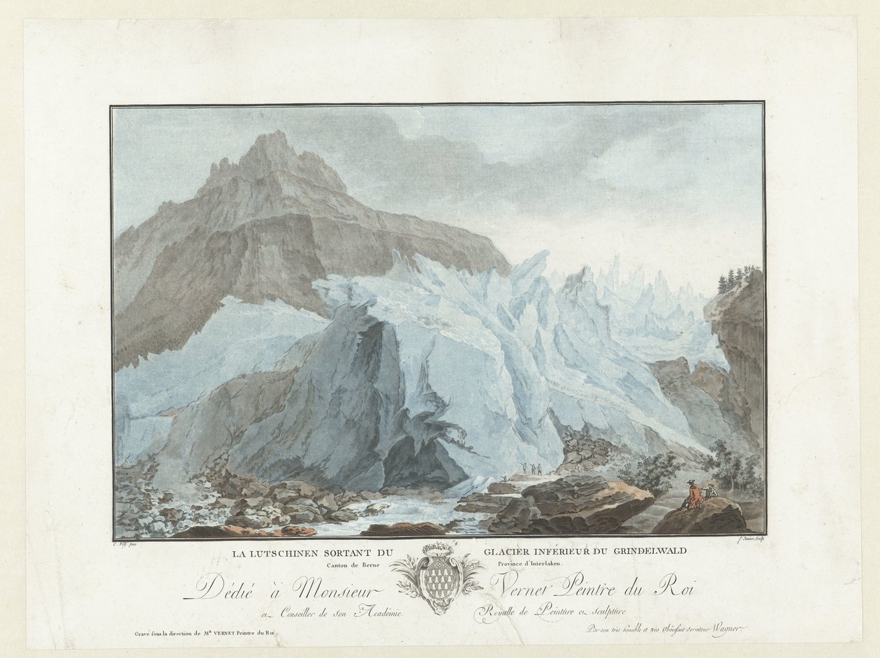 Gletsjer bij Grindelwald Aşağı Grindelwald buzulundan çıkan Lutschinen. Bern Eyaleti, Interlaken Kantonu (nesne üzerindeki başlık) İsviçre Dağlarının Olağanüstü Manzaraları (dizi başlığı) by Jean Francois Janinet