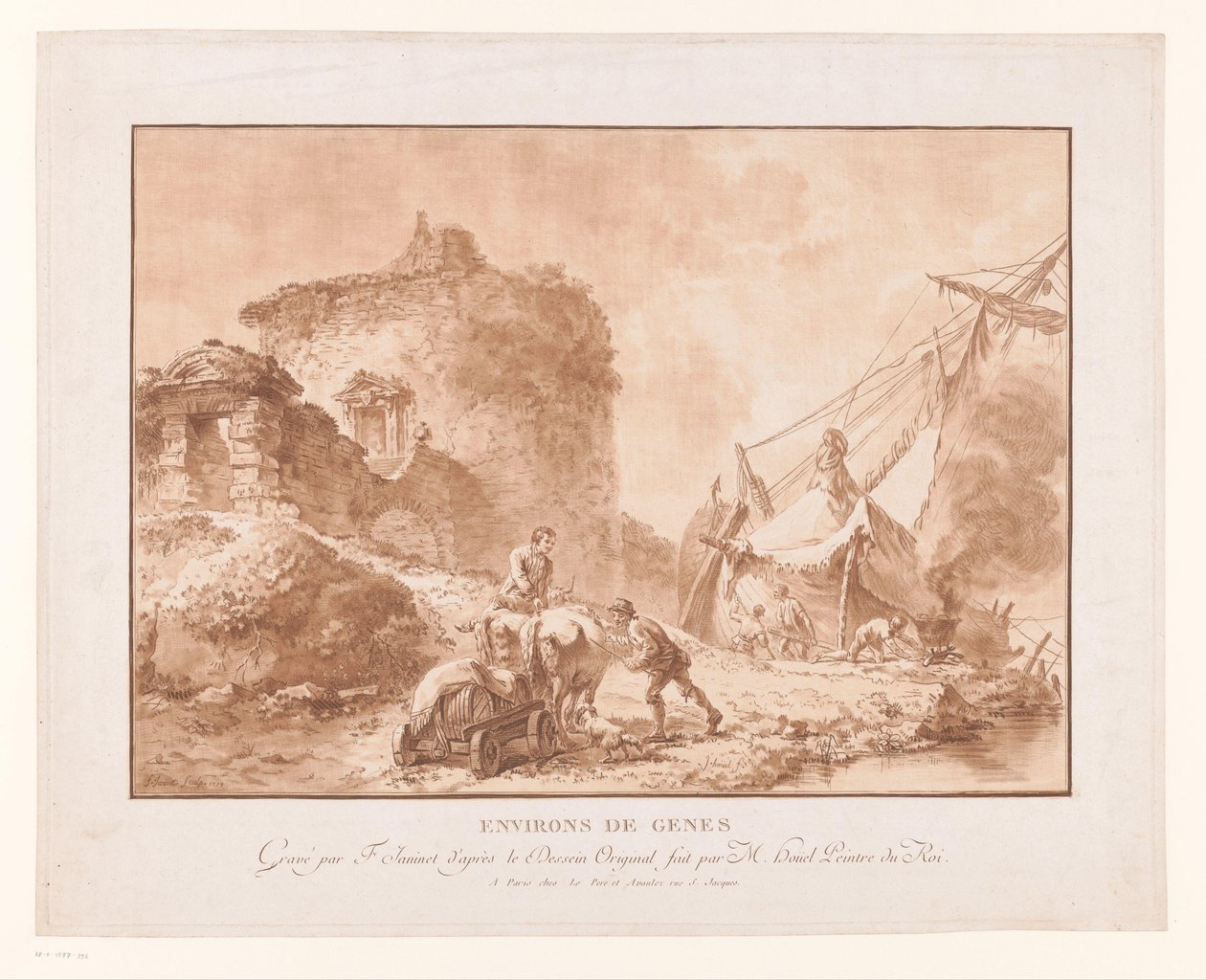 Cenova yakınlarında harabeler ve bir gemi ile manzara Environs de Genes (nesne üzerindeki başlık) by Jean Francois Janinet