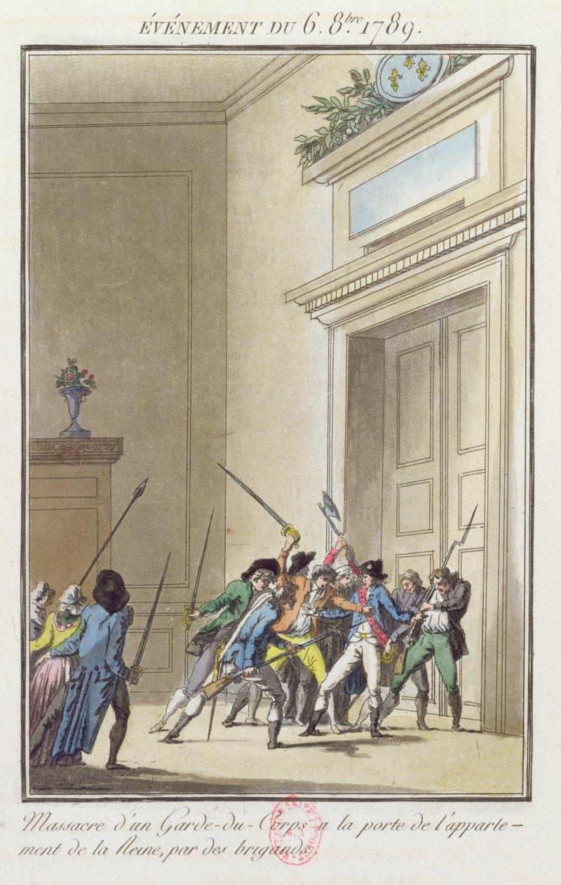 Mob of Parisians attacking and killing the guard at the entry to the Queen