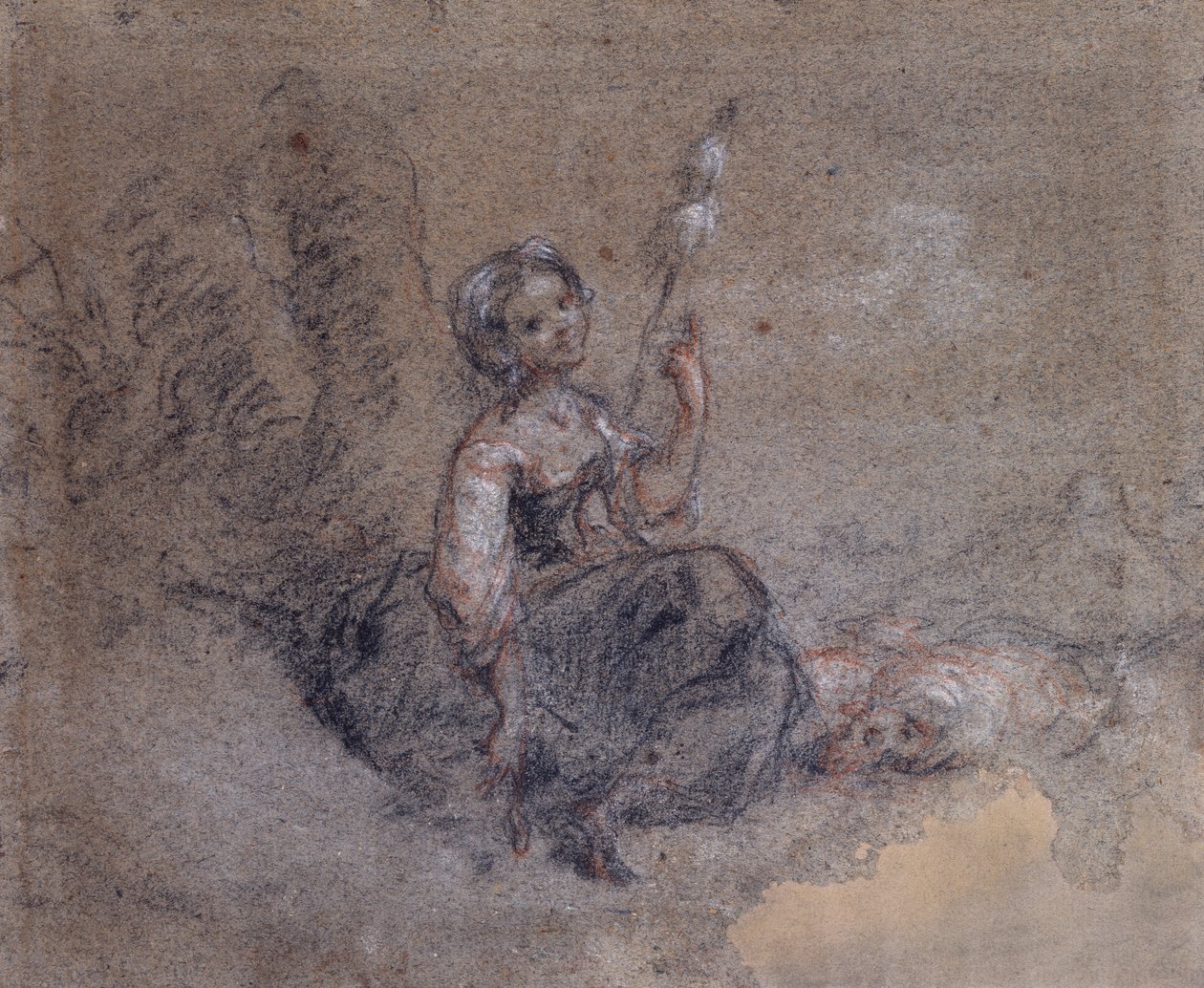 A Young Shepherdess Spinning (kağıt üzerinde kırmızı ve beyaz tebeşir ve karakalem) by Jean Francois Millet