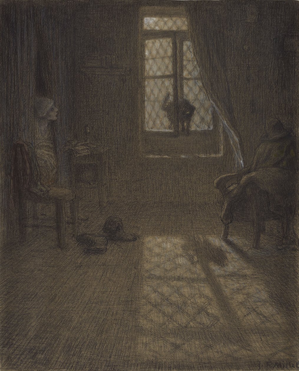 Le chat veya Penceredeki Kedi, 1857-58 (dokuma kağıda sabitlenmiş, damgalama ve karıştırma ile conté mum boya ve pastel) by Jean Francois Millet
