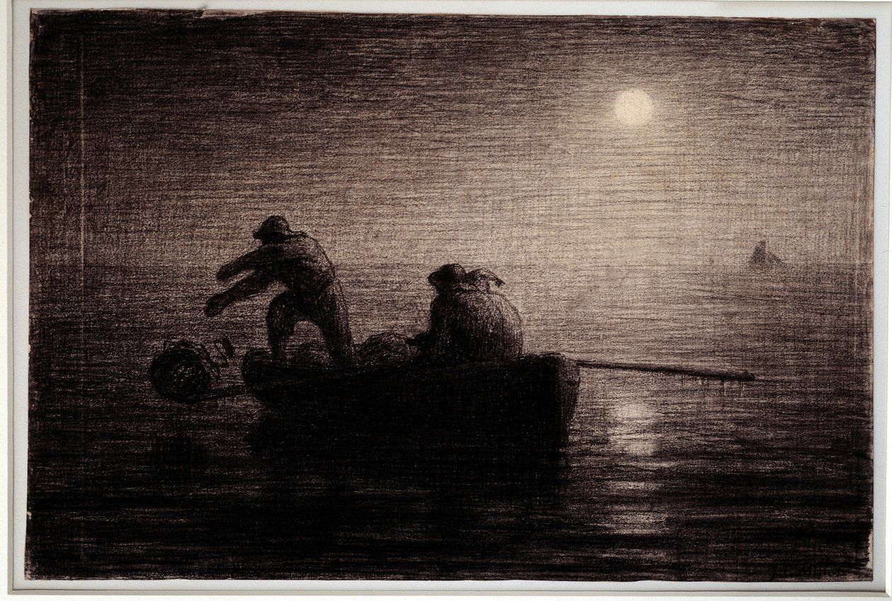 Killerini atan ıstakoz balıkçıları, gece efekti Jean Francois Millet (1814-1875), 1856-1858 dolaylarında siyah karakalem. karartmak 0,32 x 0,49 m Paris. Orsay Müzesi by Jean Francois Millet