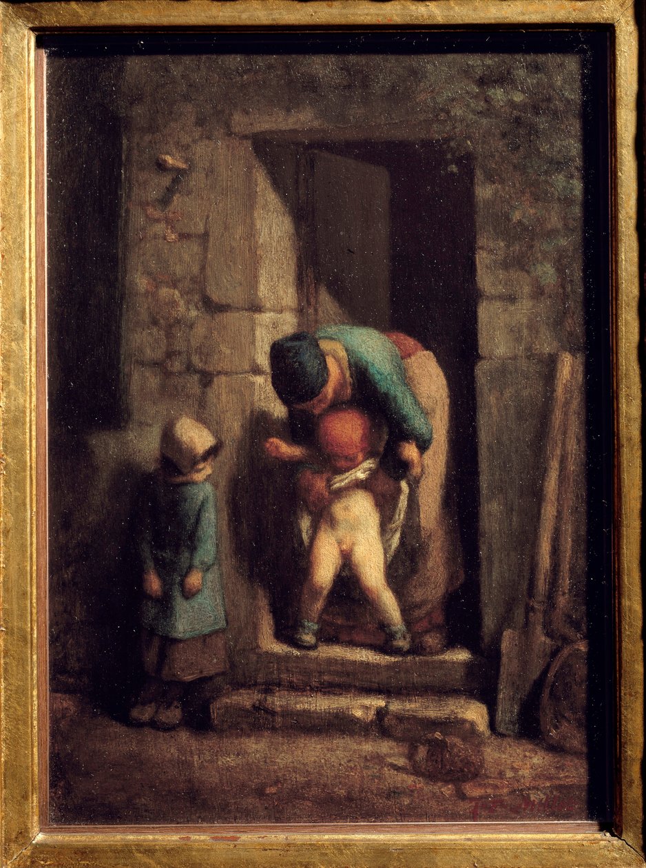 Anne önlemi. Bir anne, oğlunu bir kapının önüne idrar ettiriyor. Jean Francois Millet