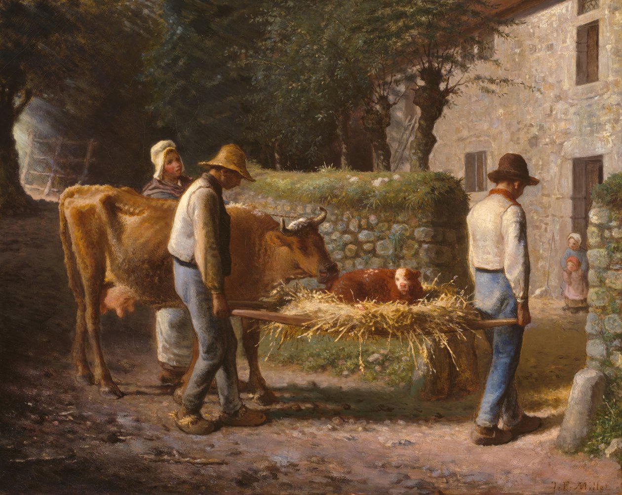 Köylüler Tarlada Doğmuş Bir Buzağıyı Eve Getiriyor, 1864. by Jean Francois Millet