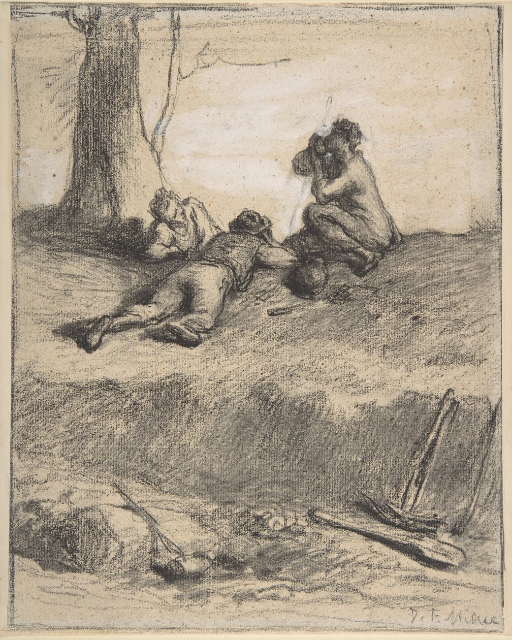 Öğle yemeğinde yol işçileri, c.1850-52 (guajlı pastel boya, serilmiş kağıt üzerine) by Jean Francois Millet