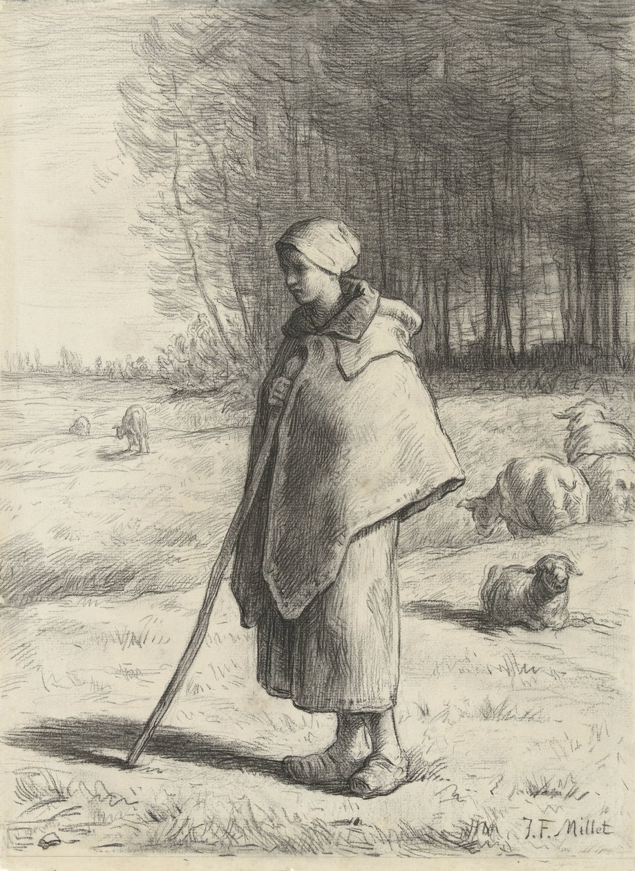Çoban bir çubuğa yaslanmış by Jean Francois Millet