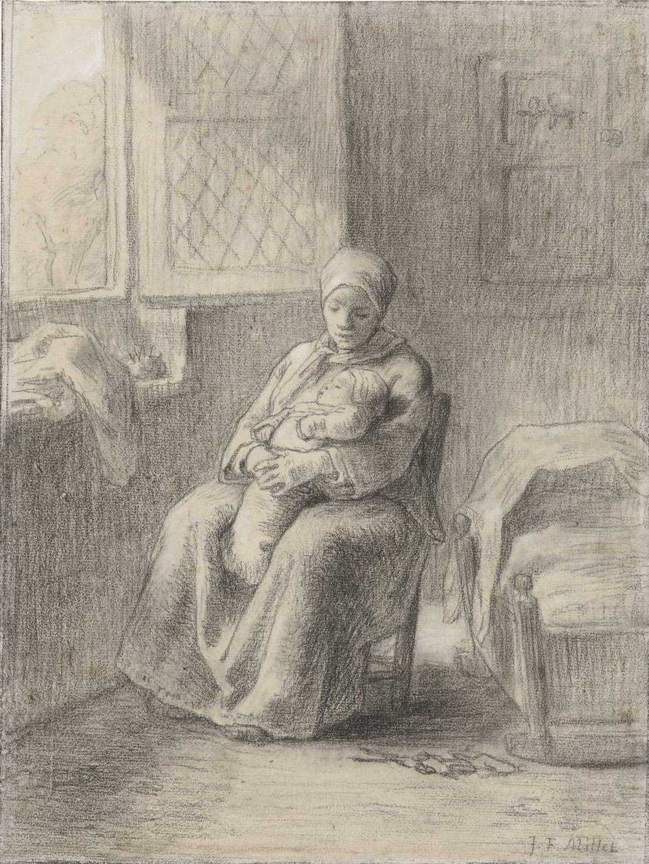 Pencerenin Yanında Bebekli Oturan Kadın, 1824-75 dolayları (kağıt üzerine tebeşir) by Jean Francois Millet