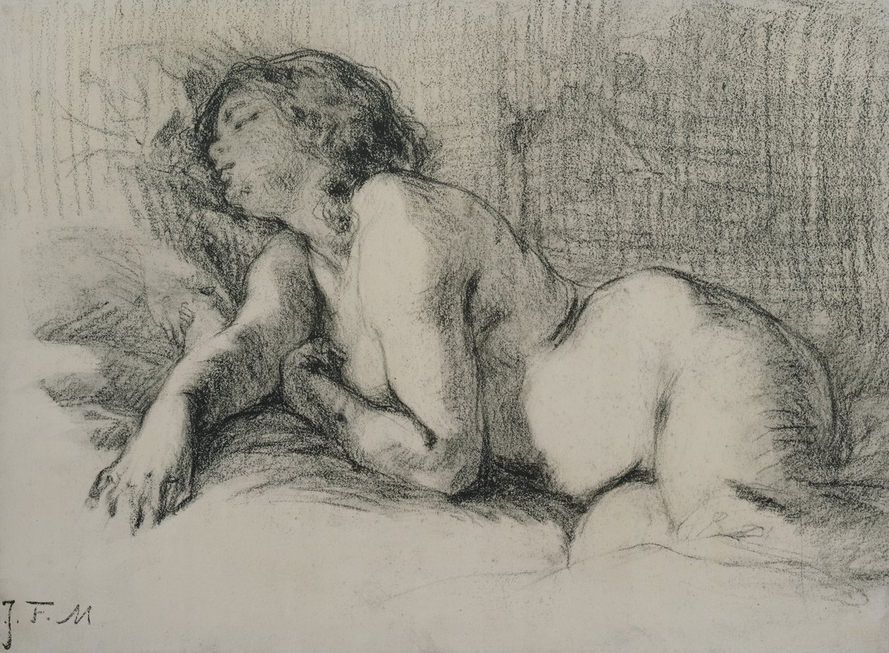 Yatan çıplak bir kadın çalışması (kağıt üzerinde kömür) by Jean Francois Millet