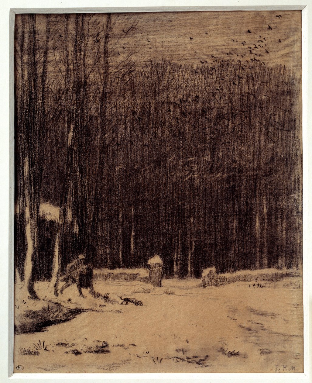 Barbizon ormanına giriş, kar efekti Jean Francois Millet (1814-1875) tarafından siyah karakalem Dim. 0,28 x 0,22 m Paris. Orsay Müzesi by Jean Francois Millet