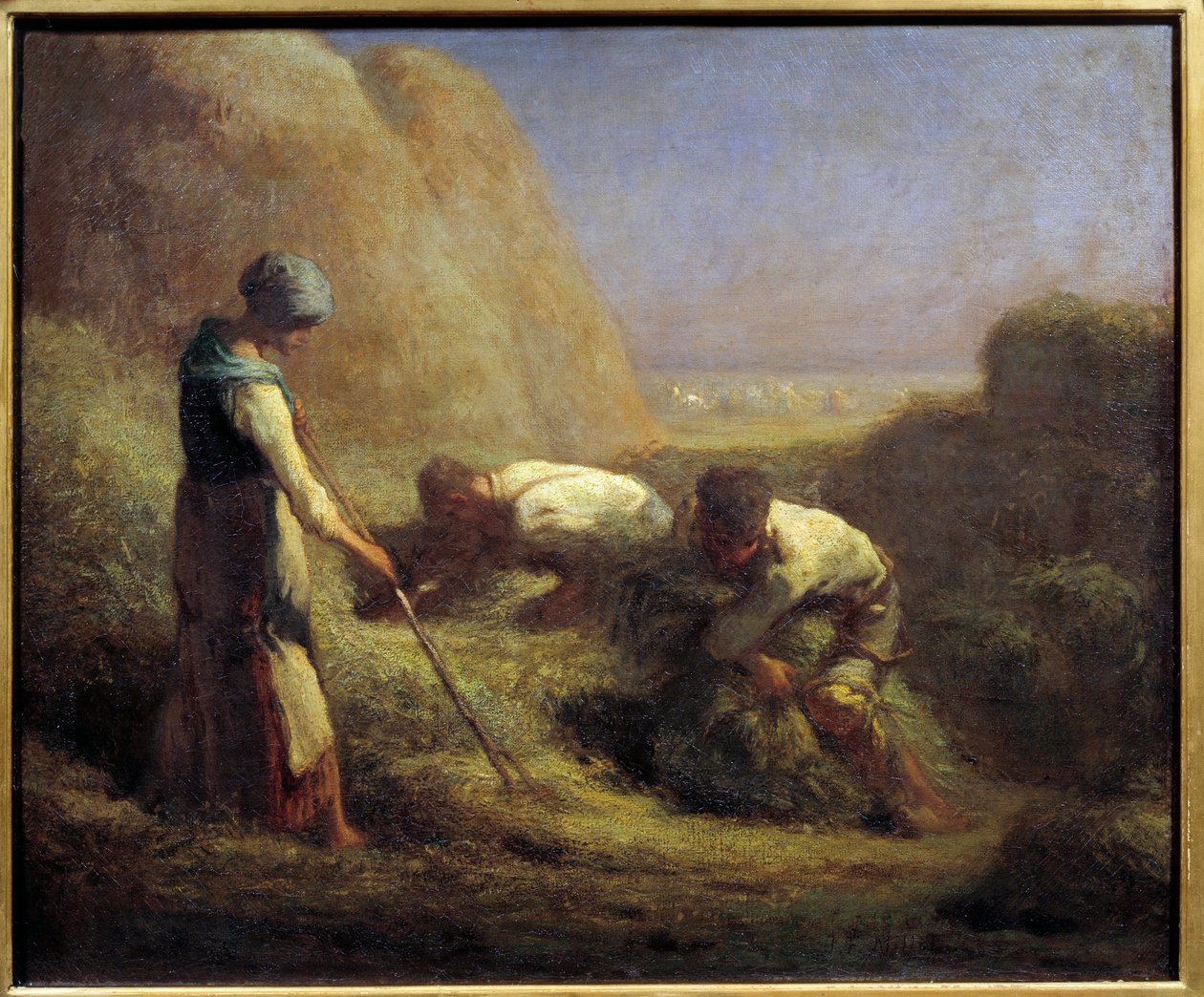 Saman kayıkçılar. Köylüler, yeni biçilmiş samanla çizmelerini yaparlar. Jean Francois Millet'in (1814-1875) tablosu 19. yüzyıl Güneşi. 0,54x0,65 m by Jean Francois Millet