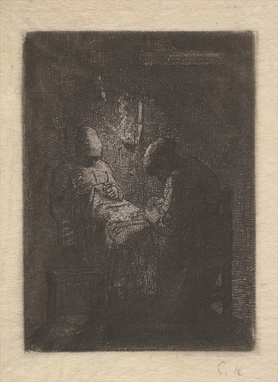 Lamplight Tarafından Dikiş İki Kadın, yaklaşık. 1853. by Jean Francois Millet