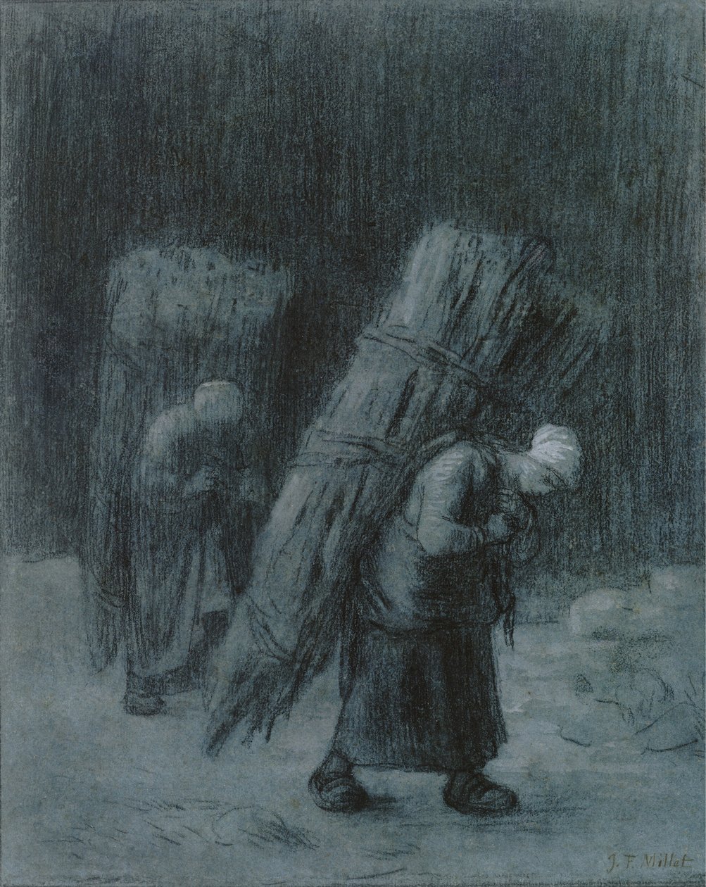 Dal Taşıyan Kadınlar, 1858 dolayları (beyaz guajla güçlendirilmiş karakalem, karakalem bordür, kalın serilmiş gri-mavi kağıt üzerine) by Jean Francois Millet