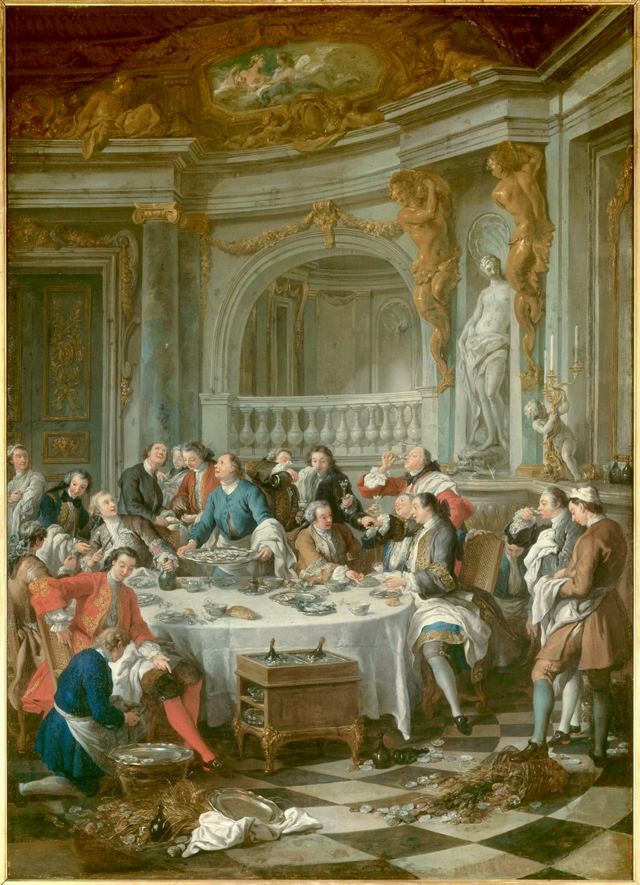İstiridye Kahvaltısı İstiridye ve alkolün gastronomik sefahatine düşkün, yalnızca erkeklerden oluşan bir grup soylu. Jean Francois De Troy (1679-1752) 1735 Sun tarafından tablo. 1,80 x 1,26 m Chantilly, musee Conde - Oyster Öğle Yemeği. Erkek istiridye öğl by Jean François de Troy