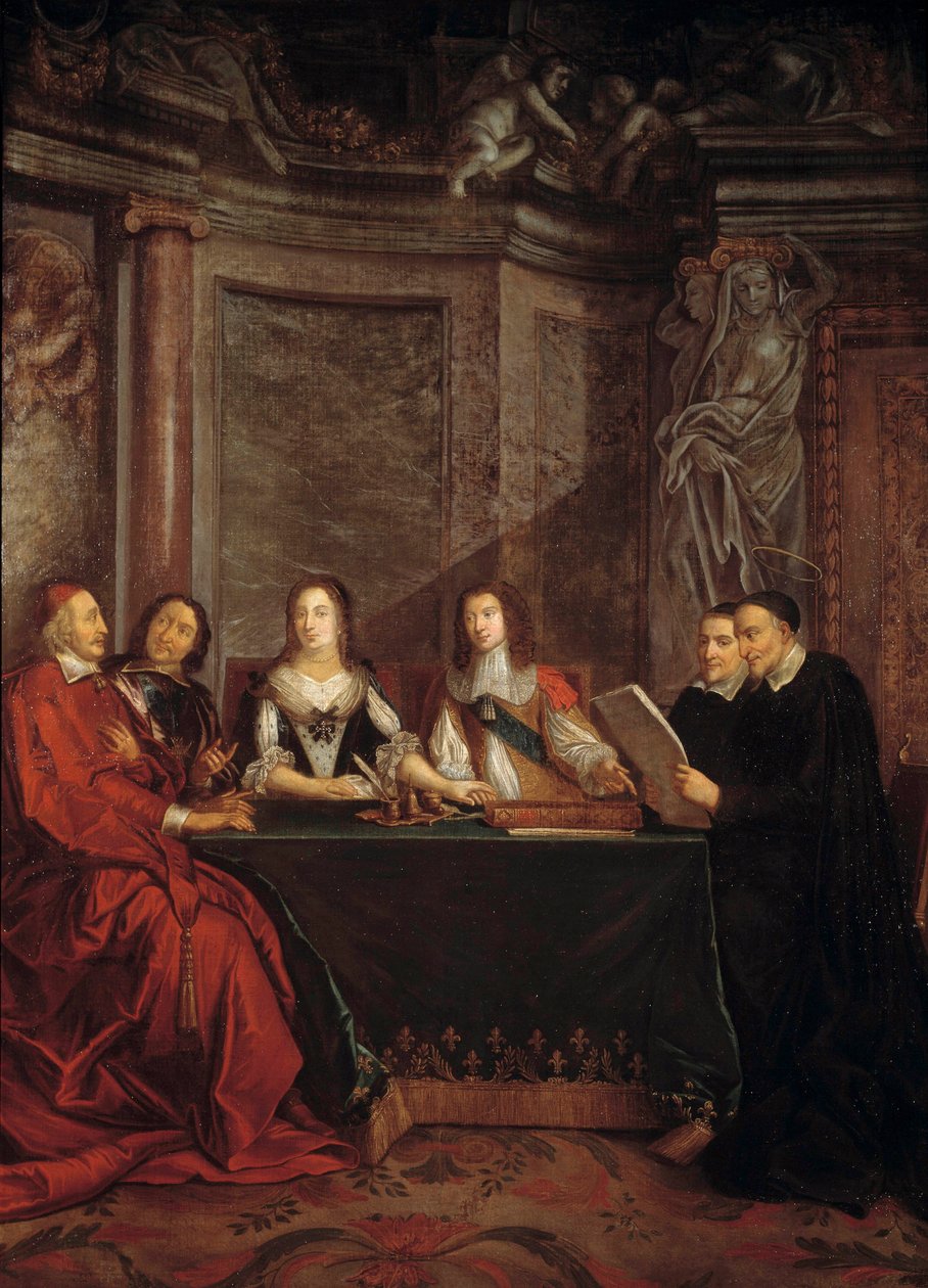 Vicdan Konseyi: Saint Vincent de Paul, Kardinal Jules Mazarin (Giulio Raimondo Mazzarino veya Mazarino) (1602-1661), Pierre Seguier (1588-1672), Avusturya Kraliçesi Anne (1601-1666) huzurunda okuma vicdan konseyi başkanı ) ve Louis XIV (1638) by Jean François de Troy