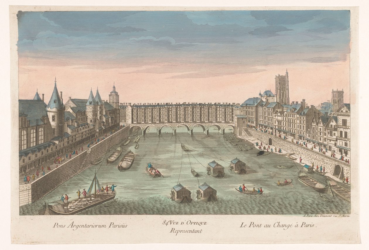 Paris 84'de Seine Nehri üzerinde yerleşik Pont au Change'in görünümü. Vue d'optique temsilcisi le Pont au Change à Paris (nesne üzerindeki başlık) by Jean François Daumont