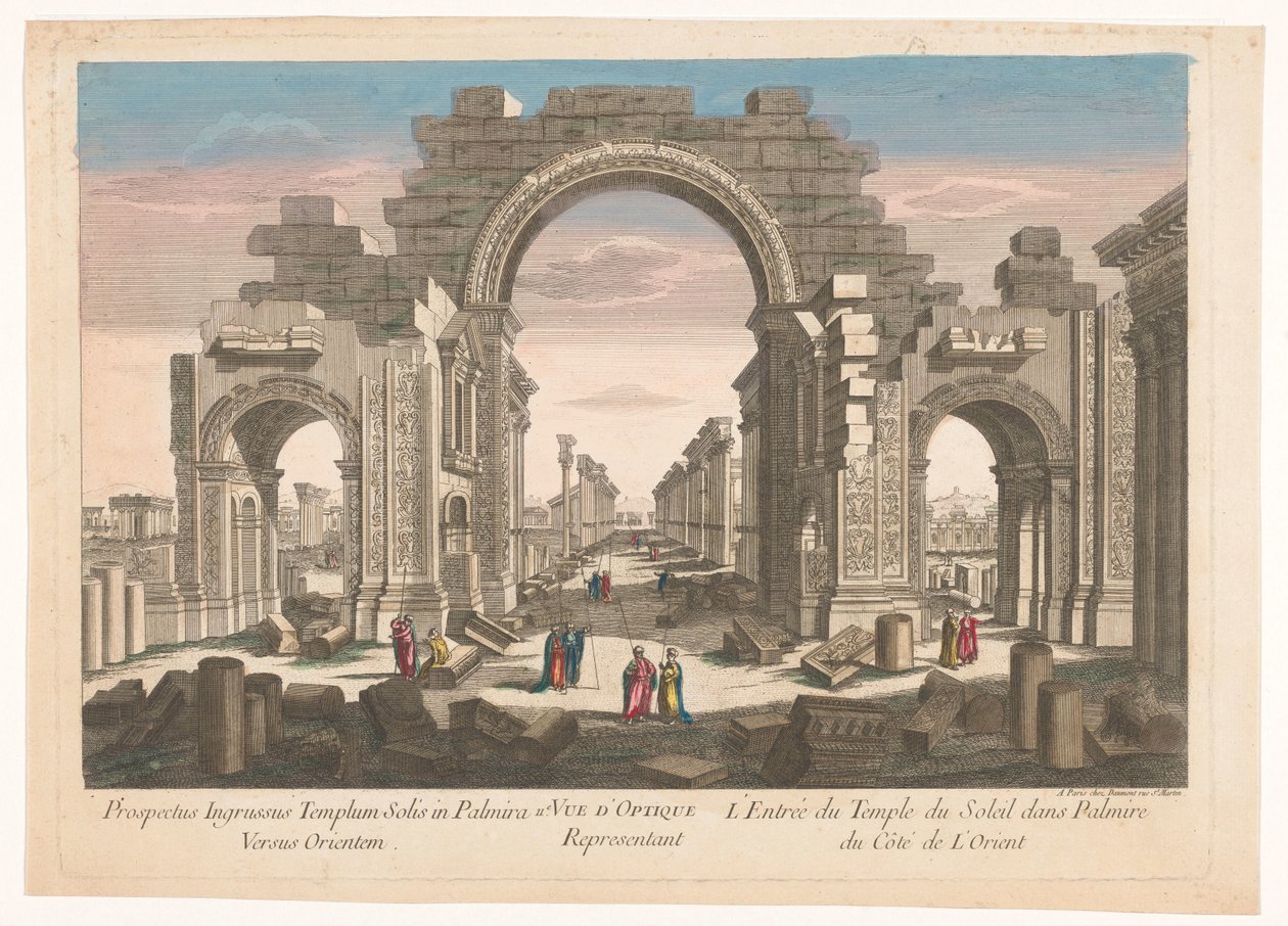 11. yüzyılın doğu tarafından görülen Palmyra'daki revak kemerinin kalıntılarının görünümü. Vue d'optique temsilcisi l'entrée du temple du soleil dans Palmire du côté de l'orient (nesne üzerindeki başlık) by Jean François Daumont