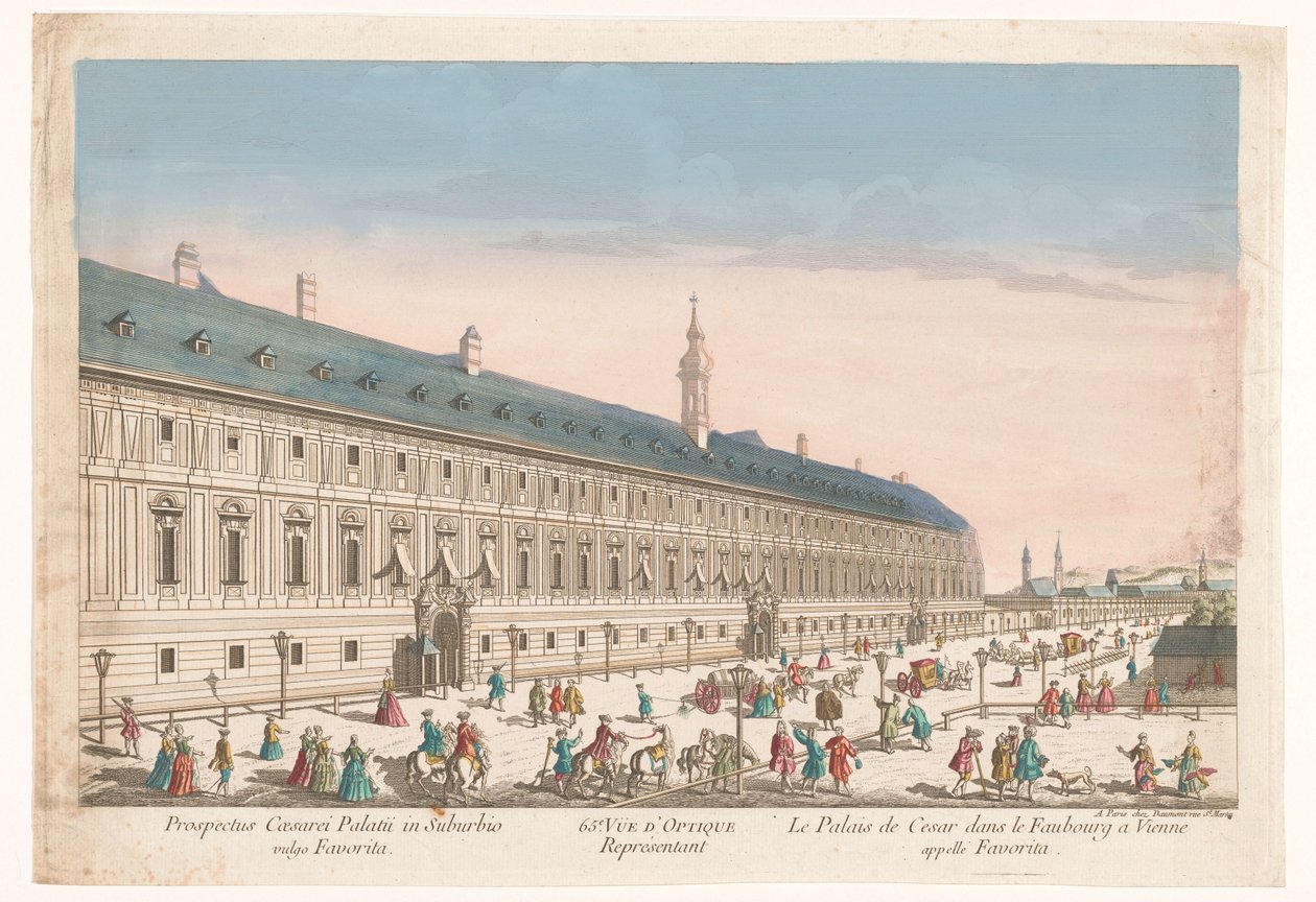 65. Viyana banliyösünde bir İmparatorluk Sarayı'nın görünümü. Vüe d'optique temsilcisi le palais de Cesar dans le faubourg ve Viyana appelle Favorita (nesne üzerindeki başlık) by Jean François Daumont