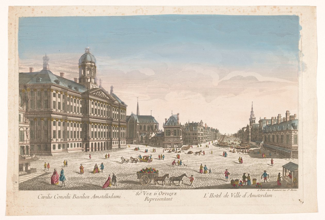 80. Amsterdam'daki Belediye Binası ve Dam Meydanı'nın görünümü. Vue d'optique temsilcisi l'Hotel de ville d'Amsterdam (nesnenin başlığı) by Jean François Daumont
