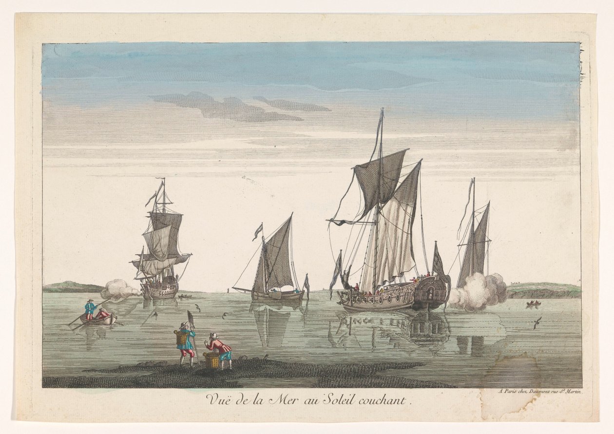 Gün batımında gemiler ve teknelerle deniz manzarası Vuë de la mer au soleil couchant (nesnedeki başlık) by Jean François Daumont
